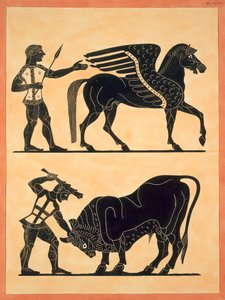 Pegasus, mit Herkules, der den Stier tötet
