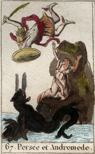 Darstellung von Perseus, der Andromeda rettet, die an einen Felsen gekettet ist. Aus „Mythologie der Jugend“ von Pierre Blanchard 1803