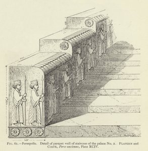 Persepolis, Detail der Brüstungsmauer der Treppe des Palastes Nr. 2 (Gravur) von French School