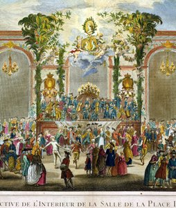 Perspektivische Ansicht des Innenraums des Zimmers des Place Dauphine