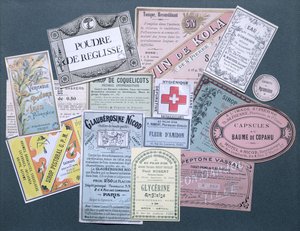 Apothekeretiketten, spätes neunzehntes & frühes zwanzigstes Jahrhundert