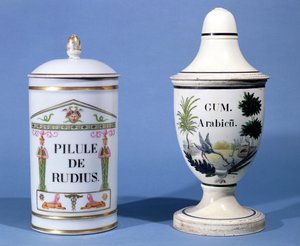Apothekergefäße für Pilule de radius und Gummi Arabicum (Faience)