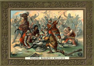 Philippe Auguste in Bouvines im Jahr 1214. Chromolithographie des 19. Jahrhunderts, Bianchetti-Sammlung von French School
