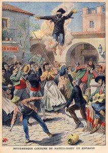 Malerischer Brauch des Karsamstags in Spanien: Die Leute machen eine Weidenpuppe, die in Oriskins (Judas) gekleidet ist, die durch die Straßen getragen, beschimpft, erschossen und verbrannt wird - Illustration aus „Le Petit Journal“ vom 31. März