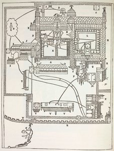 Plan des Benediktinerklosters in Canterbury im 12. Jahrhundert, aus Militär- und Religionsleben im Mittelalter von Paul Lacroix, veröffentlicht in London ca. 1880 von French School