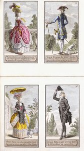 Platten 13-16 aus einem Almanach der zeitgenössischen französischen Mode