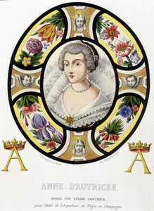 Porträt von Anna von Österreich, Königin von Frankreich (1601-1666). Faksimile eines mittelalterlichen Glasfensters in „Histoire de la peinture sur verre“ von Ferdinand de Lasteyrie