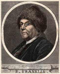 Porträt von Benjamin Franklin (1706-1790), amerikanischer Drucker, Verleger, Wissenschaftler, Erfinder, Staatsmann und Diplomat - Gravur in „Wissenschaften für jedermann - Physik und Chemie“ von Alexis Clerc - Ende des 19. Jahrhunderts - Private Sammlung