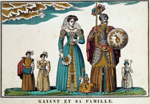 Porträt von Gayant, einem Riesen, der die Stadt Douai symbolisiert, dargestellt mit seiner Familie: seiner Frau Marie Cagenon und seinen drei Kindern Jacquot, Fillon und Binbin. Gravur aus dem 18. Jahrhundert, Bild von Belfort. Ferrand Sammlung von French School