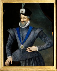 Porträt von Heinrich IV. (1553-1610) König von Frankreich. Er trägt die Halskette des Ordens vom Heiligen Geist. Anonymes französisches Gemälde des 17. Jahrhunderts. Öl auf Leinwand. Dim: 0,95x1,13m. Pflichtangabe: Sully sur Loire, Schloss Sully von French School