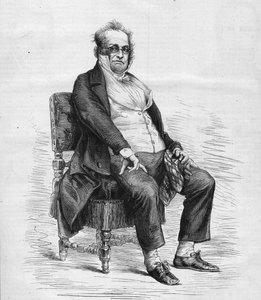 Porträt von Henry Monnier (1799-1877), französischer Dramatiker, Karikaturist und Komiker. Er ist als „Monsieur Prudhomme“ gekleidet, eine von Monnier erfundene Figur, eine Karikatur des französischen Bürgertums im 19. Jahrhundert. Gravur in „Le Monde Illu