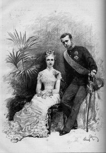 Porträt von Prinzessin Stephanie von Belgien (1864-1945) und Erzherzog Rodolphe von Österreich (1858-1889). Gravur in "Le Monde Illustré" Nr. 1209 vom 29. Mai 1880 von French School