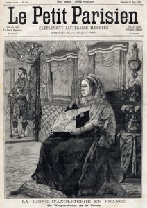 Porträt von Königin Victoria von England (1819-1901), reist durch Frankreich in ihrem Salonwagen. Titelseite der französischen Zeitung Le Petit Parisien. 21. März von French School