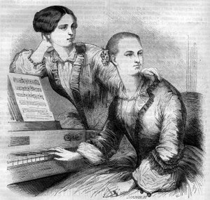 Porträt der Cruvelli-Schwestern, deutsche Tänzerinnen. Sophie Cruvelli (Johanna Sofia Charlotte Cruwell, genannt) (1826-1907) und Marie Cruvelli (Friederike Marie Cruwell, genannt) (1824-1868). Gravur von 1852