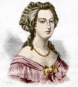 Porträt der Marquise von Boufflers Marie Francoise Catherine de Beauvau Craon (1711-1787). Gravur in „Die Geschichte der Prostitution und Ausschweifung bei allen Völkern der Welt von der Antike bis heute“ von Dr. Th. -F. Debray. 1879.