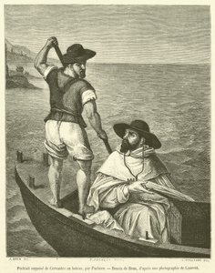 Vermutetes Porträt von Cervantes im Boot (Stich) von French School