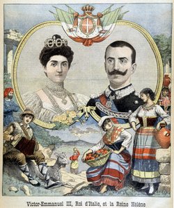 Porträts im Medaillon von Viktor Emanuel III. und Helene von Montenegro, Herrscher von Italien, Umschlag „Le Petit Journal“ 5/7/1903 (Gravur)