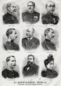 Porträts der Hauptzeugen in der Dreyfus-Zola-Affäre in „Le Petit Journal“, 27. Februar von French School