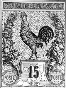 Briefmarke mit Darstellung des französischen Hahns, Emblem der Französischen Republik, späte 19. Jahrhundert