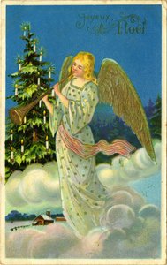 Postkarte, Weihnachtsgrüße: Engel mit Trompete auf Wolken. Anfang des 20. Jahrhunderts von French School