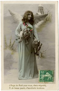 Postkarte: Der Weihnachtsengel für dich, lieber Süßer, hat schöne Spielsachen, ausgezeichnete Süßigkeiten