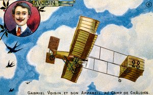 Postkarte zur Feier des französischen Pionierfliegers Gabriel Voisin, frühe 1900er Jahre (Chromolithographie) von French School