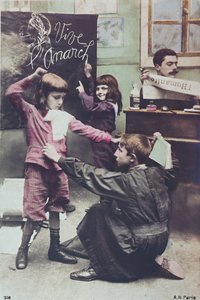Postkarte, die das säkulare Bildungssystem kritisiert, ca. 1910 von French School