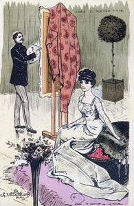Postkarte, die einen modischen Porträtmaler bei der Arbeit zeigt, 1910 von French School