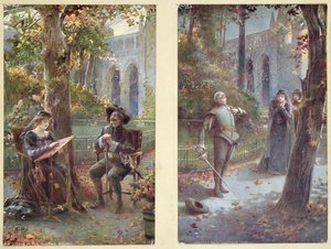 Postkarten darstellend Cyrano de Bergerac mit Roxanne, ca. 1900