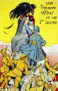 Plakat „Ein letzter Kraftakt und wir haben es“: Verbündete (Frankreich, USA, Russland, etc.) erreichen den Gipfel eines Felsens, auf dem der deutsche Adler thront. Lithographie 1917