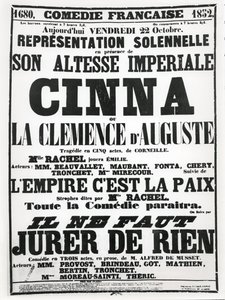 Plakat zur Werbung für eine Aufführung an der Comédie-Française am 22. Oktober 1852 von Corneilles Tragödie Cinna, gefolgt von einem Vortrag des Gedichts L