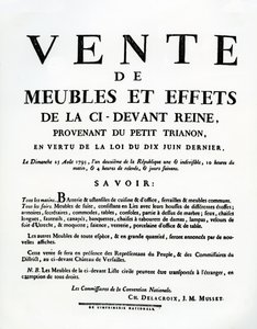 Plakat, das den Verkauf von Marie-Antoinettes Möbeln und Effekten am 25. August ankündigt