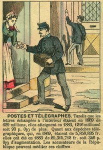 Post und Telegraphen, die das gute Funktionieren der Telekommunikation und der Post dank der Republik veranschaulichen. Gravur in „Le Figaro, Supplement“, am 30.03.1889, Paris. Sammlung Selva. von French School
