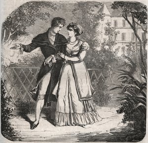 Prinzessin von Wales Carolina von Braunschweig (1768-1821) spaziert mit ihrem Liebhaber Bartolomeo Bergami. Gravur von 1871 in „Histoire Des Cocus Célèbres“ von Henry de Kock (1819-1892).