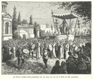 Prozession des Wagens der römischen Göttin Kybele, angeführt von Pfeifern und Zimbelspielern