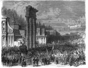 Proklamation der Römischen Republik im Jahr 1798. (Proklamation della repubblica romana nel 1878) Gravur in „Histoire des Papes-Könige-Königinnen und Kaiser durch die Jahrhunderte“ von Maurice Lachatre von French School