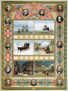 Fortschritt während der Regierungszeit von Königin Victoria (1819-1901). Segelschiffe, Dampfschiffe, Dampflokomotive und Gas- und elektrische Straßenbeleuchtung, 1887 von French School