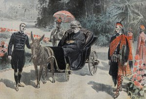 Spaziergang von Victoria I (1837-1901) Königin von England, im Park des Hotel Cimiez bei Nizza. Gravur in „Le Pelerin“ 26.03.1899. von French School