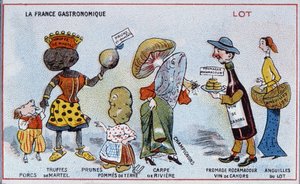 Werbe- und Bildungskarte, die Lebensmittelspezialitäten der Region Lot darstellen, ca. 1910