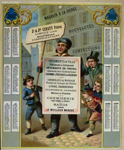 Werbekalender für 1887, Werbung für Canavy Freres Schneider und Kurzwaren, ca. 1886