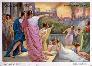 Werbekarte für Cacao van Houten Trinkschokolade, die das Brennen Roms im Jahr 64 n. Chr. illustriert, ca. 1910