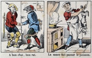 Sprichwörter in Bildern von Epinal: „Eine gute Katze, gute Ratte“ und „Die Soße passiert den Fisch“ - Bild von Epinal, n.d. von French School