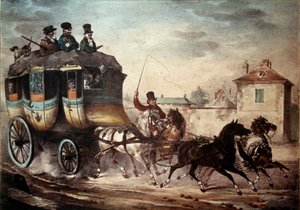 Öffentlicher Verkehr: Postkutsche der Linie zwischen Paris und Meaux. Illustration von Villain im Jahr 1824. Compiègne, Schlossmuseum von French School