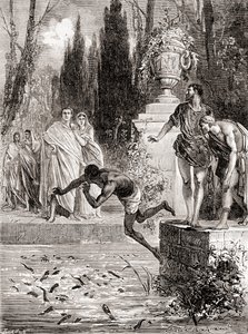 Publius Vedius Pollio, römischer Ritter, füttert einen Sklaven seinen Muränen, aus Les Merveilles de la Science, veröffentlicht ca. 1870