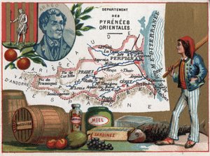Pyrenees Orientales (66), Languedoc-Roussillon, Frankreich. Porträt von Dominique Francois Jean Arago (1786-1853). Lokale Spezialität: Honig und Sardinen. Serie über die französischen Departements. Chromolithographie „der geografische Faden“ von French School