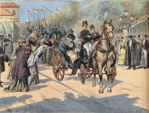 Königin Marie Christine de Teschen (1858-1929) begrüßt die Königinnen der Pariser Märkte, aus der Zeitung "Le Petit Parisien" von French School