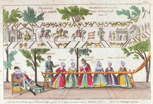 Königin Mathilda und ihre Dienerinnen weben den Teppich von Bayeux, Szene aus einer Vaudeville-Aufführung