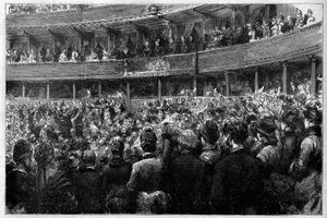 Königin Victoria I. (1819-1901) besuchte die Aufführung von Charles Gounods Oratorium „Mors et Vita“ in der Albert Hall in London. Dies ist ihre erste öffentliche Vorstellung seit dem Tod ihres Mannes, Prinz Albert. Gravur in „Le Monde Illustré“, März