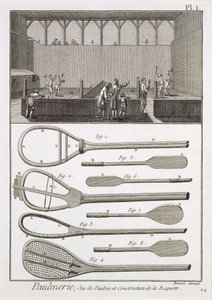 Real Tennis und der Bau von Schlägern, aus der Enzyklopädie von Denis Diderot, graviert von Robert Benard, veröffentlicht ca. 1770