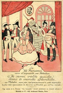 Erinnerung 1914 für den Michelin-Reifen. La Vie Parisienne überarbeitet und ergänzt von Bibendum: „Ich werde Ihr Führer in der prächtigen Welt sein, denn Michelin, mein Vater, bietet Ihnen die schönste Autotourismusorganisation der Welt“. An der Wand ein R von French School